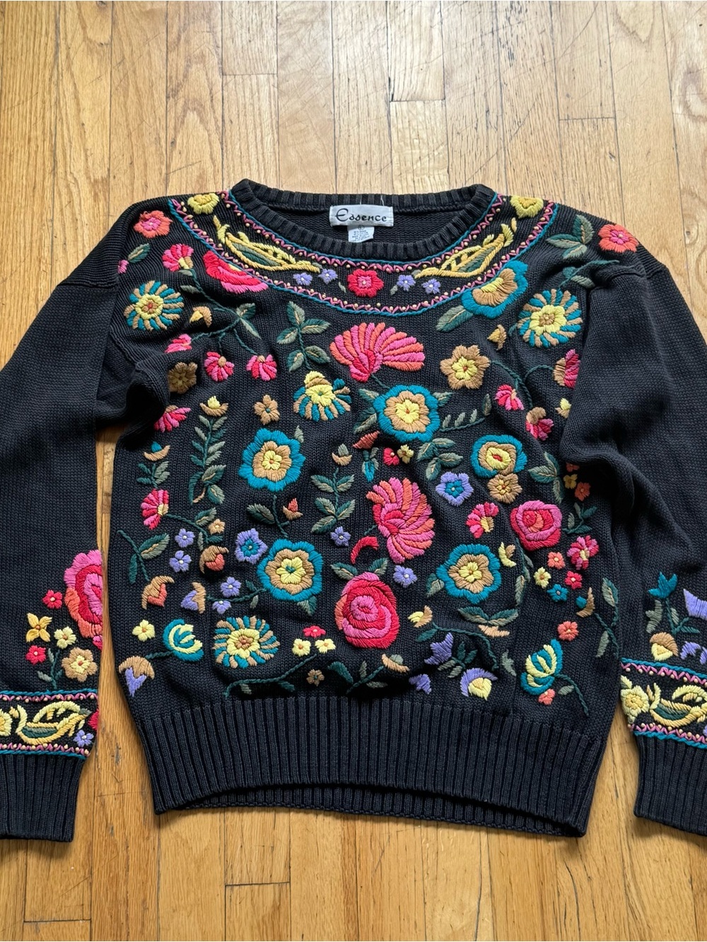Black Floral Vintage Embroidered Crewneck Sweater